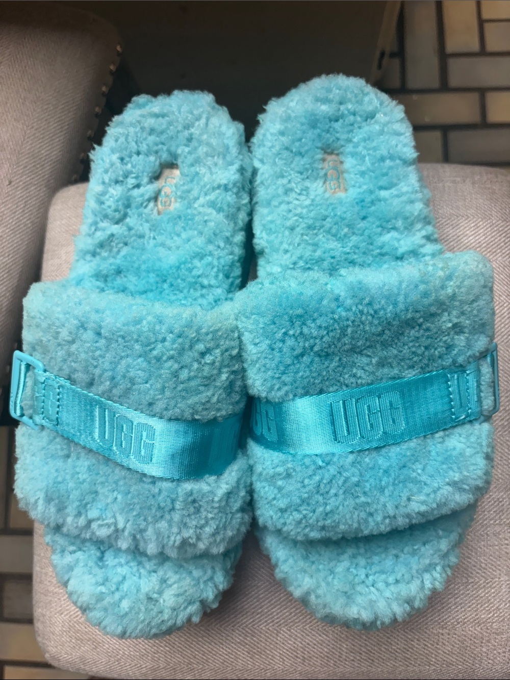 UGG Kids Turquoise Fuzz Slide Sheepskin Slippers